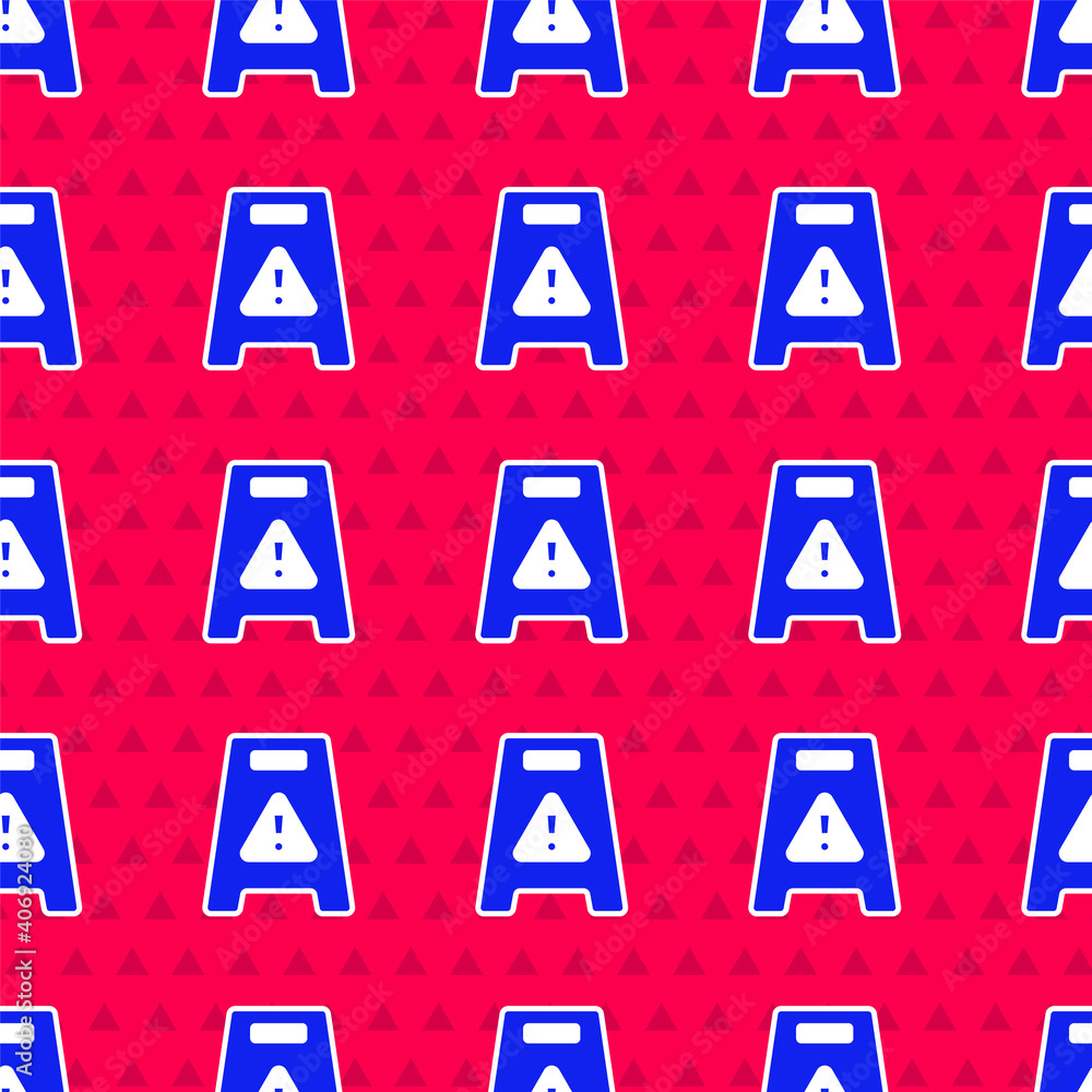 Poster blue wet floor and cleaning in progress icon isolated seamless pattern on red background. cleaning s