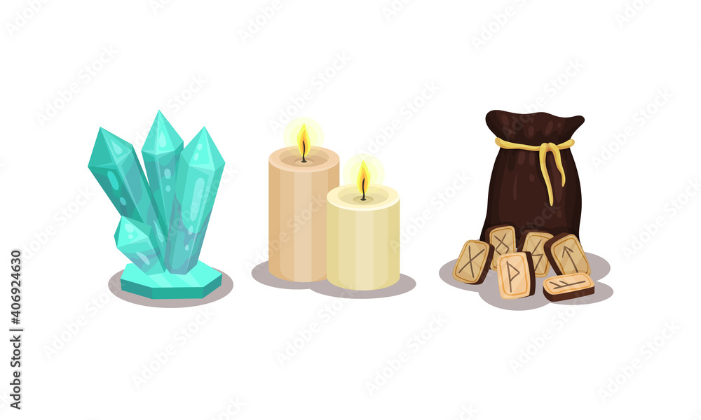 Aufkleber fortune telling objects with rune and candles vector set