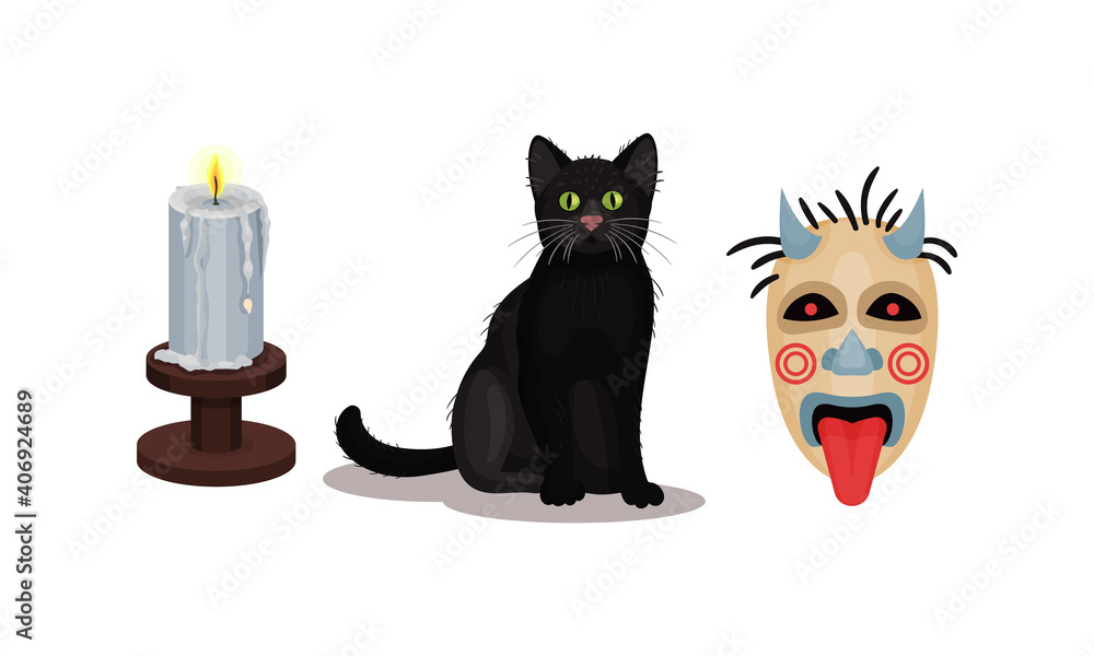 Aufkleber fortune telling objects with black cat and candle vector set