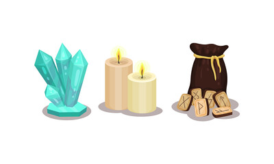 Fototapeta premium Fortune Telling Objects with Rune and Candles Vector Set
