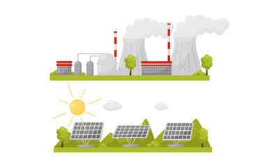 Naklejka premium Alternative Energy Sources with Solar Panel and Waste Treatment Plant Vector Set