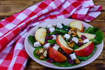 Salad with spinach leaves, feta cheese, cranberries, walnuts and apple in a ceramic plate