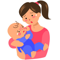 泣きそうな顔の赤ちゃんを抱く困っている母親