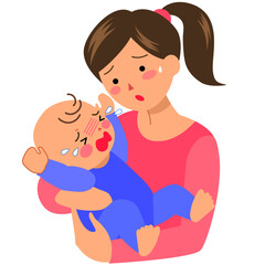 大泣きする赤ちゃんを抱いて困っている母親
