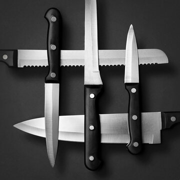 Various knives with black handles. A set of kitchen knives on a dark background.