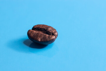 Coffee bean closeup whit water drops on a blue background 