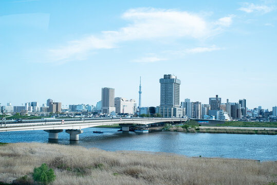 TOKYO; JAPAN the Sumida River, park, road