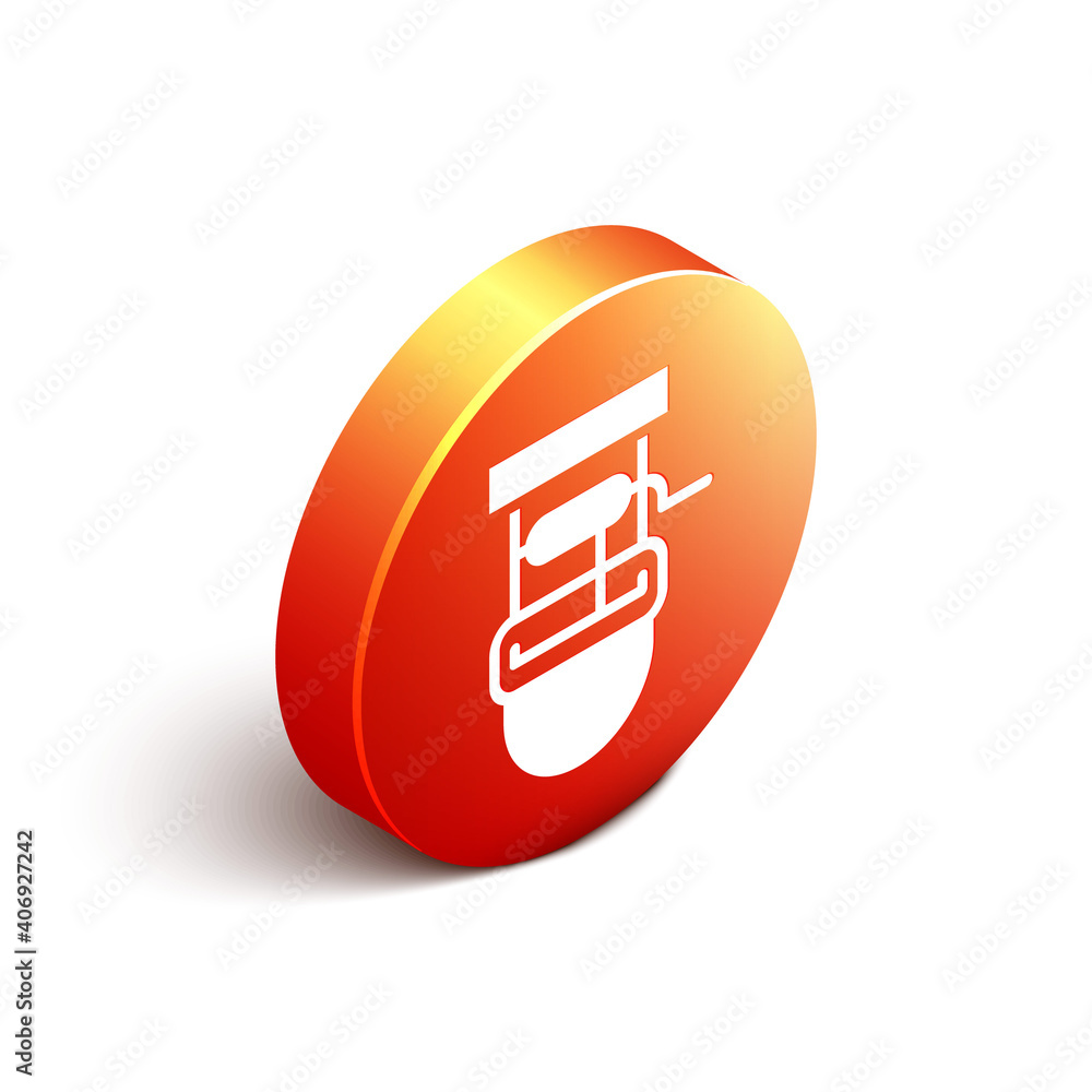 Poster isometric well with a bucket and drinking water icon isolated on white background. orange circle but