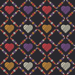 Seamless background of decorative flowers and hearts. Valentine's Day. Design with manual hatching. Ethnic boho ornament. Textile. Vector illustration for web design or print.