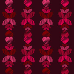 Seamless background of decorative flowers and hearts. Valentine's Day. Design with manual hatching. Ethnic boho ornament. Textile. Vector illustration for web design or print.