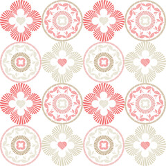 Seamless background of decorative flowers and hearts. Valentine's Day. Design with manual hatching. Ethnic boho ornament. Textile. Vector illustration for web design or print.