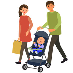 ベビーカーを押して歩く家族連れ