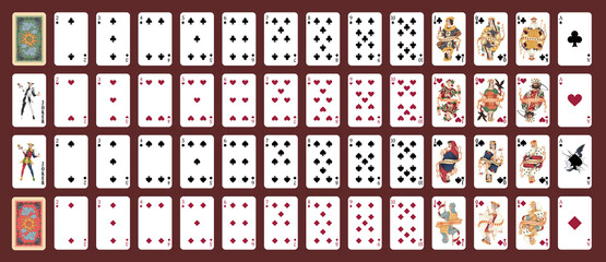 New Charlemagne playing cards, simplified version. Poker set with isolated cards. Poker playing cards, full deck.