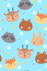 Seamless pattern with forest animals and flowers on a blue background. Vector graphics.