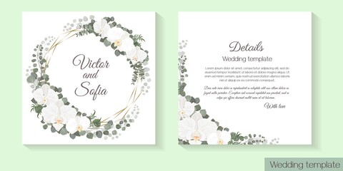 Vector template for wedding invitation. White orchids, eucalyptus, green plants and leaves, polygonal gold frame.