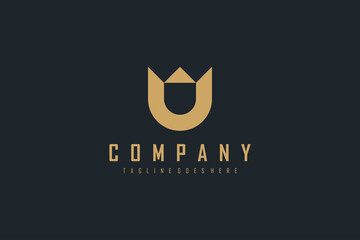 Abstract Initial Letter M and U Linked Logo. Gold Geometric Shape with Crown Symbol isolated on Black Background. Usable for Business and Branding Logos. Flat Vector Logo Design Template Element. © sangart