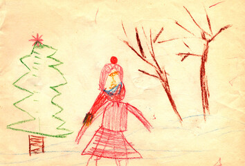 Color pencil kids drawing of winter landscape and a girl. Park with trees, child in warm clothes. Can be used for interior design. Raster hand drawn illustration on craft paper.