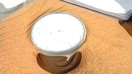 Paper cup with water on the table
There is a white paper cup on a brown table with some water in the glass. Drawing with repeating contour lines in the Dali style.