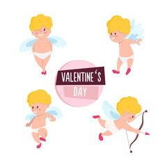 Set of isolated cute cupid, cartoon style angel characters. Vector illustration for Happy Valentine's Day