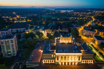 Food truck rally, fast food party in dabrowa gornicza, silesia poland aerial drone photo