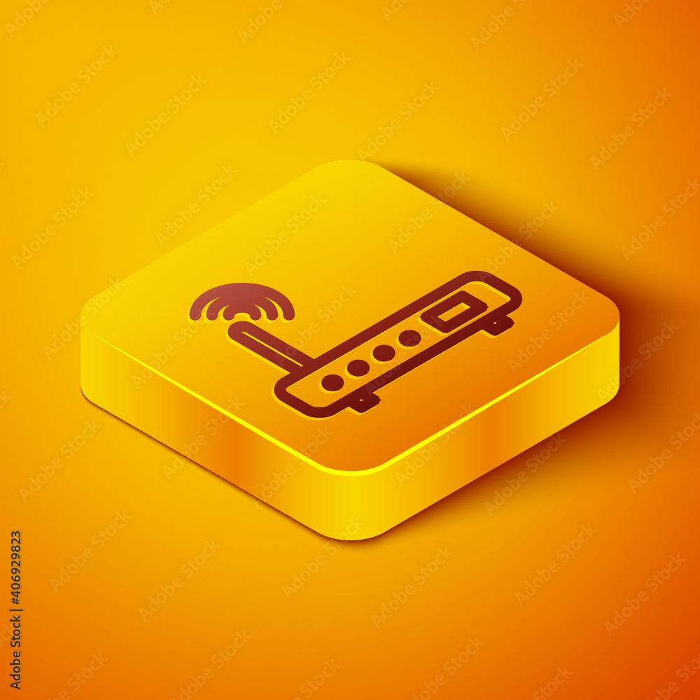 Poster isometric line router and wi-fi signal icon isolated on orange background. wireless ethernet modem r