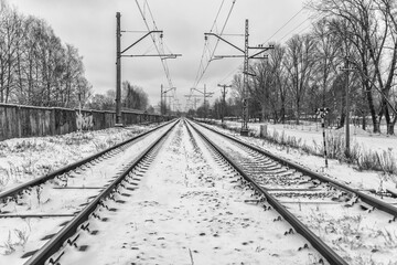 Black and White of Electric Train Tracks in Northern Europe