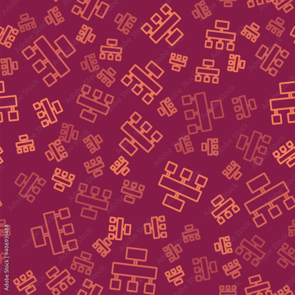 Poster brown line site map icon isolated seamless pattern on red background. vector.
