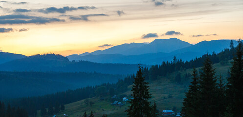 Panoramic view of sunset in Carpathians mountains
