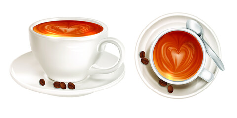 Latte with pattern on foam top and side view isolated on white background. Realistic view of coffee with the necessary accessories. Vector illustration