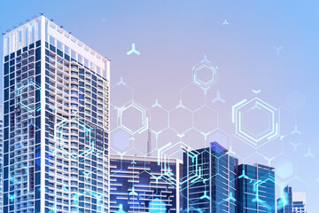 Panoramic view skyscrapers. Modern cityscape of the capital of the Emirate of Dubai. Financial services hub. Tech in city life concept. Double exposure.