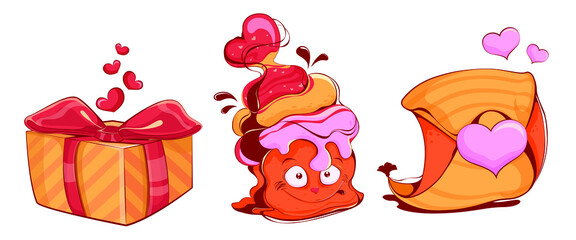 Set of bright elements for Valentine's Day isolated on white background. Cupcake, envelope with letter and box with a gift in cartoon style. Vector illustration
