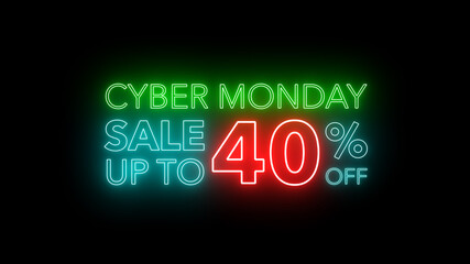 Fototapeta na wymiar Cyber Monday sale colorful neon sign banner in black background for promote. concept of promotion brand sale series 10-90%
