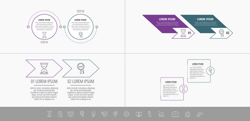 Set Infographics 2 steps. Line vector template. Can be used for diagram, business, web, banner, flowchart, info graph, timeline, content, levels, chart, processes diagram