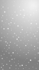 Random falling stars Christmas background. Subtle flying snow flakes and stars on grey background. Amazing winter silver snowflake overlay template. Brilliant vertical illustration.