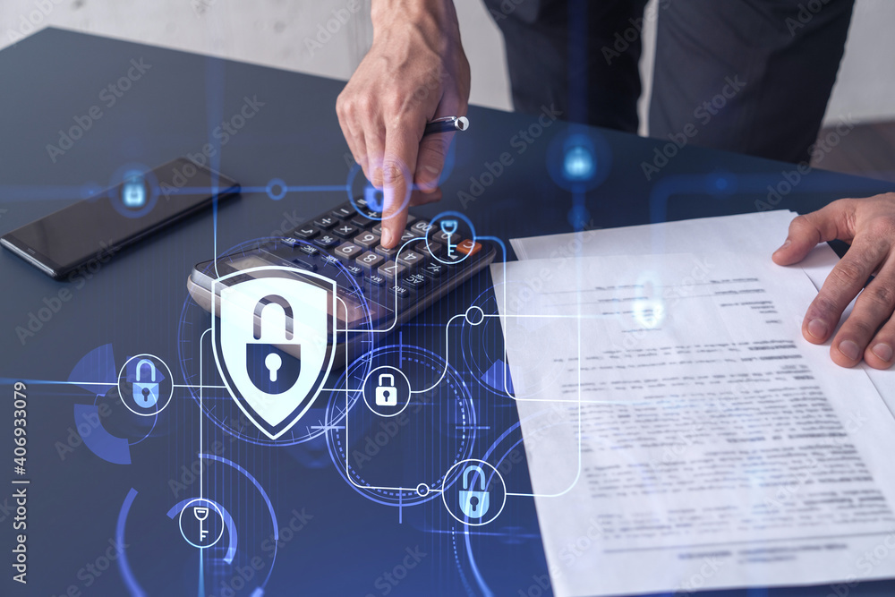 Poster a businessman computing probability of risks in cyber security protection using calculator. padlock 