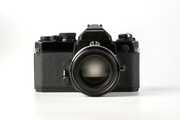 Antique old fashion film camera front view isolated on white background including clipping path