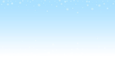 Sparse glowing snow Christmas background. Subtle flying snow flakes and stars on winter sky background. Amusing winter silver snowflake overlay template. Unusual vector illustration.