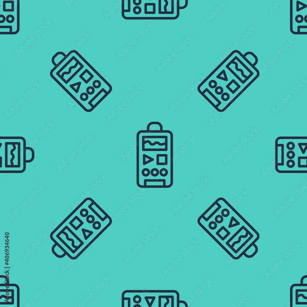 Poster black line dictaphone icon isolated seamless pattern on green background. voice recorder. vector.