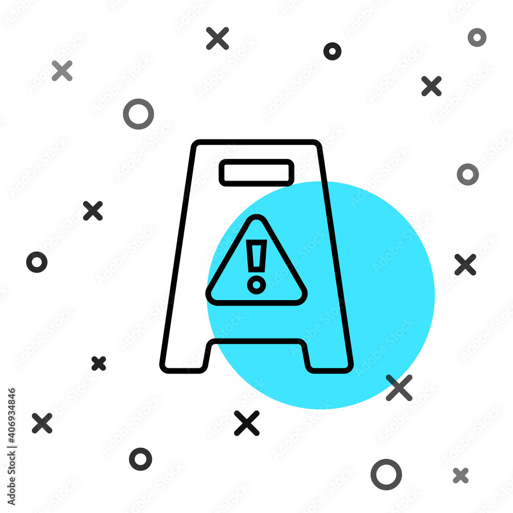 Poster black line wet floor and cleaning in progress icon isolated on white background. cleaning service co