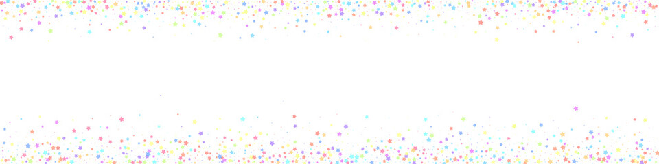 Fototapeta premium Festive glamorous confetti. Celebration stars. Colorful stars small on white background. Actual festive overlay template. Panoramic vector background.