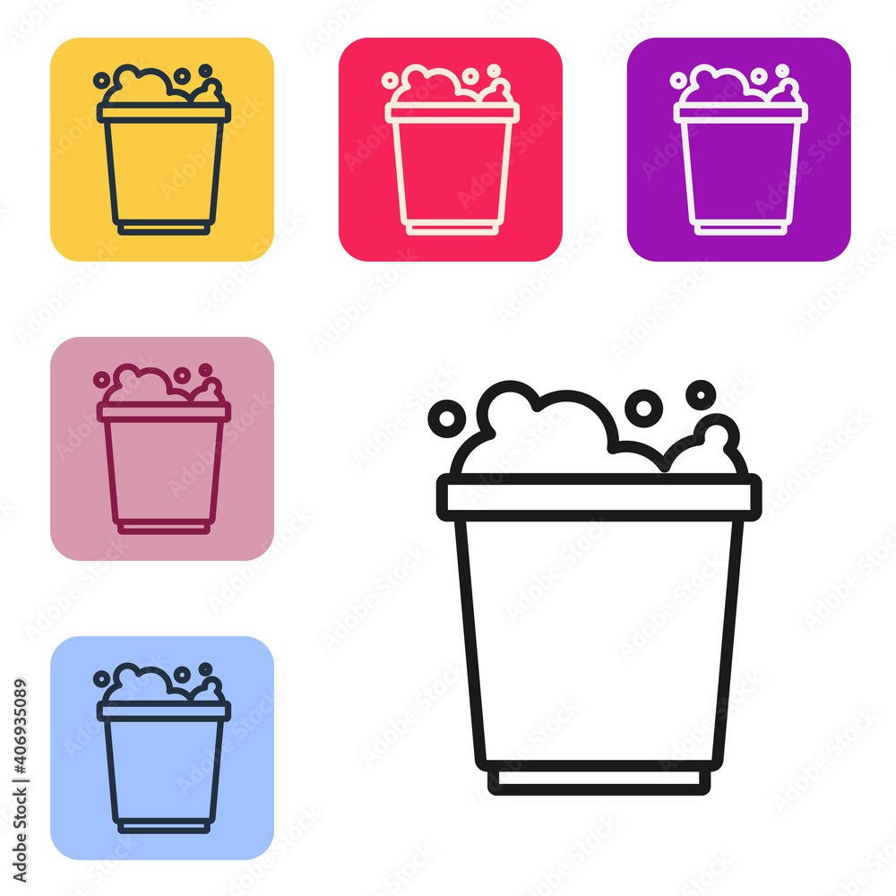 Poster black line bucket with foam and bubbles icon isolated on white background. cleaning service concept.
