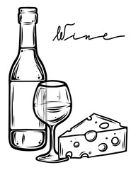 Bottle of wine with glass and cheese, monochrome, vector