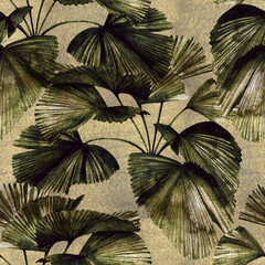 Naadloos patroon met ronde waaiervormige palmbladeren. Stockillustratie