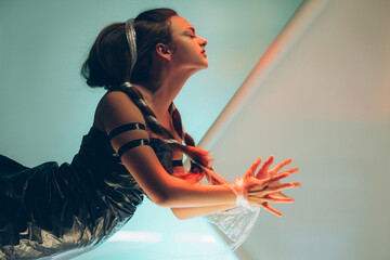 Female slavery. Human trafficking. Violence abuse. Art portrait of hurt suffering beautiful hostage...