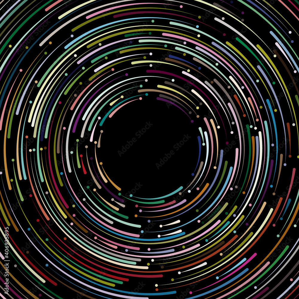 Poster color rotating lines with dots on black background