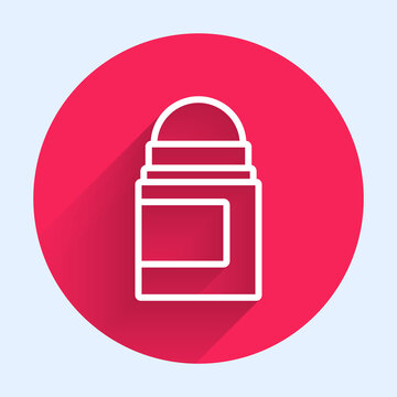 recommend clip art: White line Antiperspirant deodorant roll icon isolated with long shadow. Cosmetic for body hygiene. Red circle button. Vector.