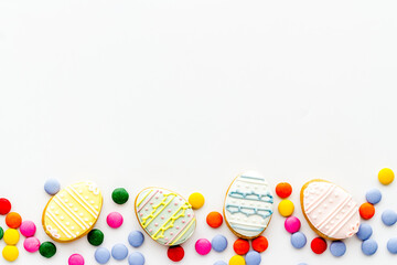 Easter homemade cookies eggs and sweets. Space for text