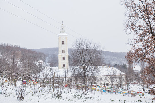 Winter landscape, snowy day, orthodox monastery Velika Remeta Monastery. Located in the village of Velika Remeta on the mountain Fru&scaron;ka Gora in northern Serbia.