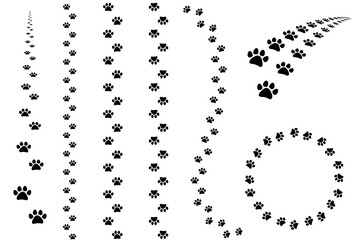 Paw foot trail. Cat and dog tracks silhouette, wild animal and pet paw print texture.Vector illustration.