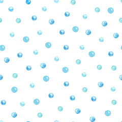 Watercolor seamless pattern with blue bubbles  on white. Nice textile print. Great for fabrics, wrapping papers, wallpapers, linens, baby clothes. Hand painted illustration.